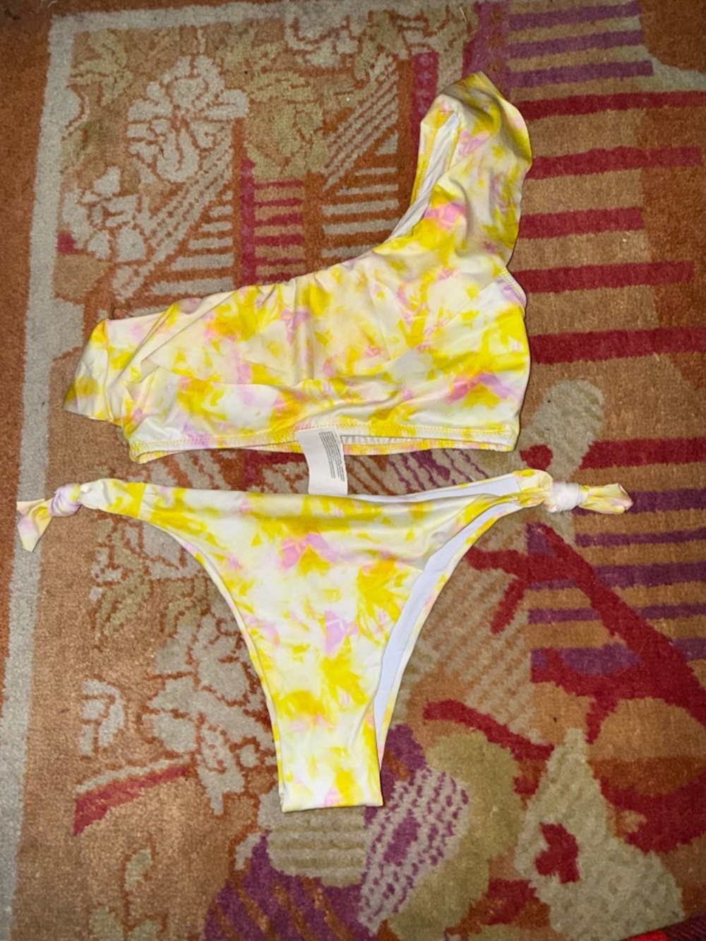Phax Swim swimsuit bikini 2 piece Medium M one shoulder ruffle top yellow pink - Picture 2 of 4